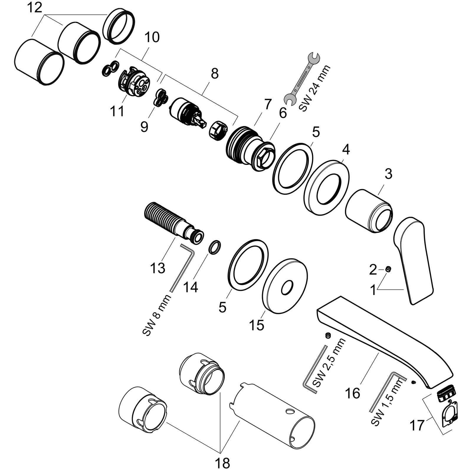 hansgrohe Fertigmontageset Vivenis UP-Waschtisch-Einhebelmischer, für Wandmontage, mit Auslauf 192mm, chrom