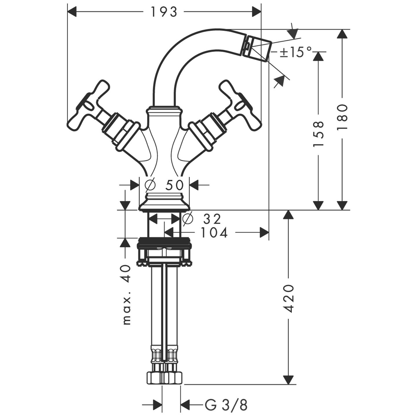 hansgrohe 2-Griff-Bidet-Armatur Axor Montreux Ausladung 104mm, mit Kreuzgriffe, Zugstangen-Ablaufgarnitur, brushed gold optic