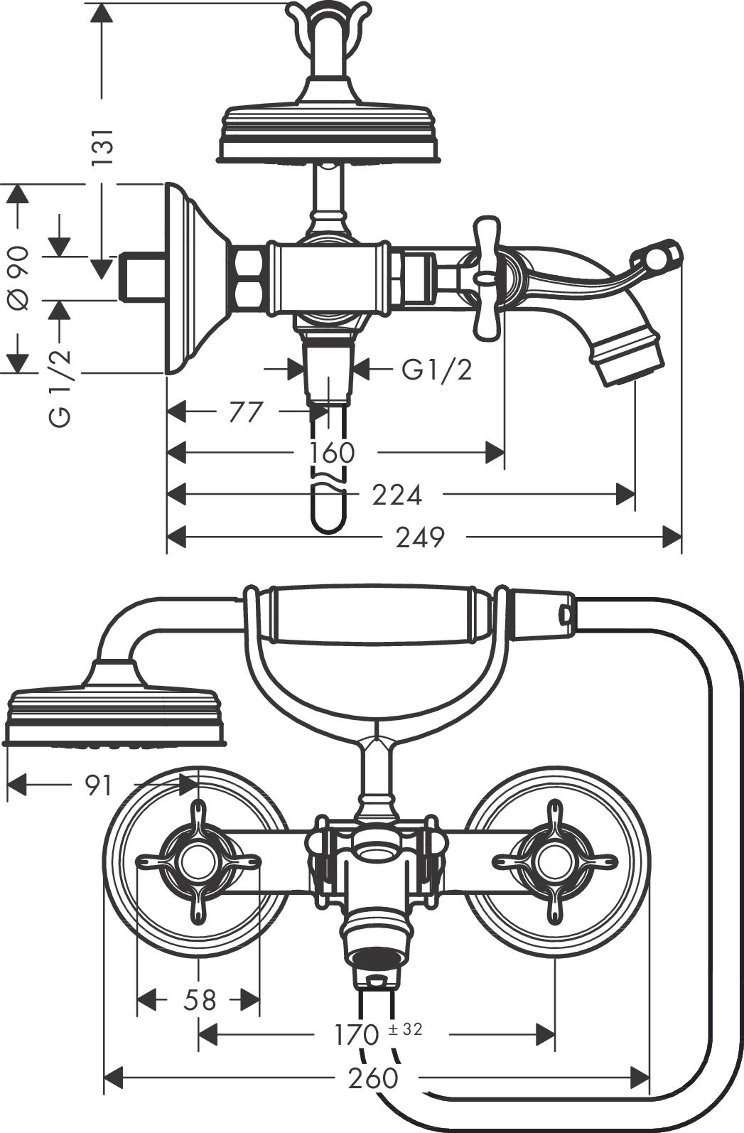 hansgrohe 2-Griff-Wannen-Armatur Axor Montreux AP, Ausladung 224mm, mit Kreuzgriffen, polished gold optic