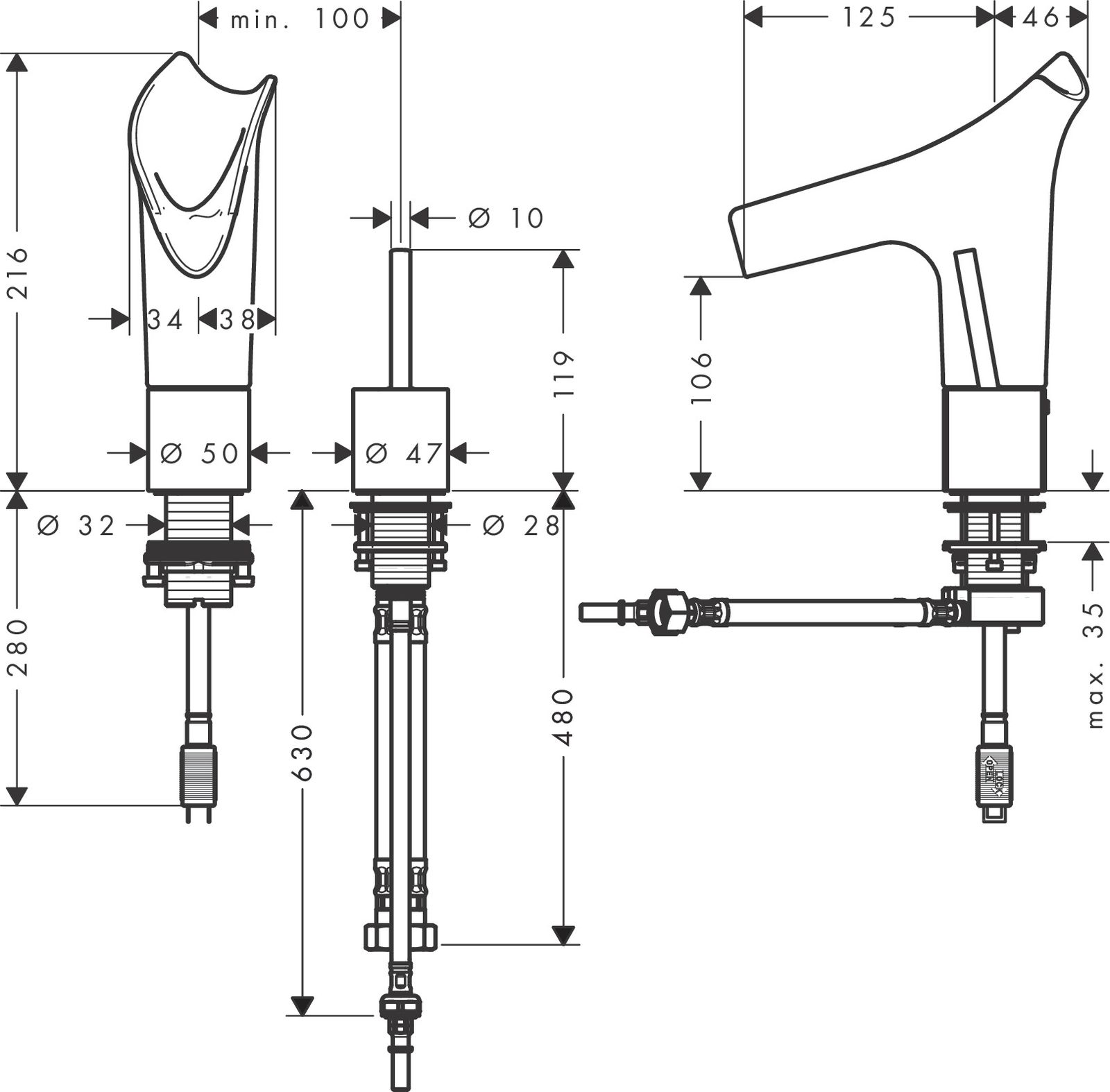 hansgrohe 2-Loch-Waschtisch-Armatur Axor Starck V 110 mit Ablaufgarnitur, brushed brass