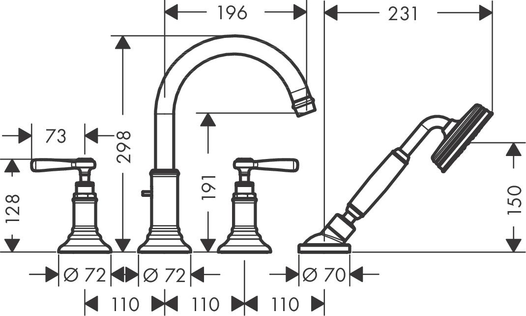 hansgrohe Fertigmontageset Axor Montreux 4-Loch-Fliesenrandarmatur, mit Hebelgriffen, brushed nickel
