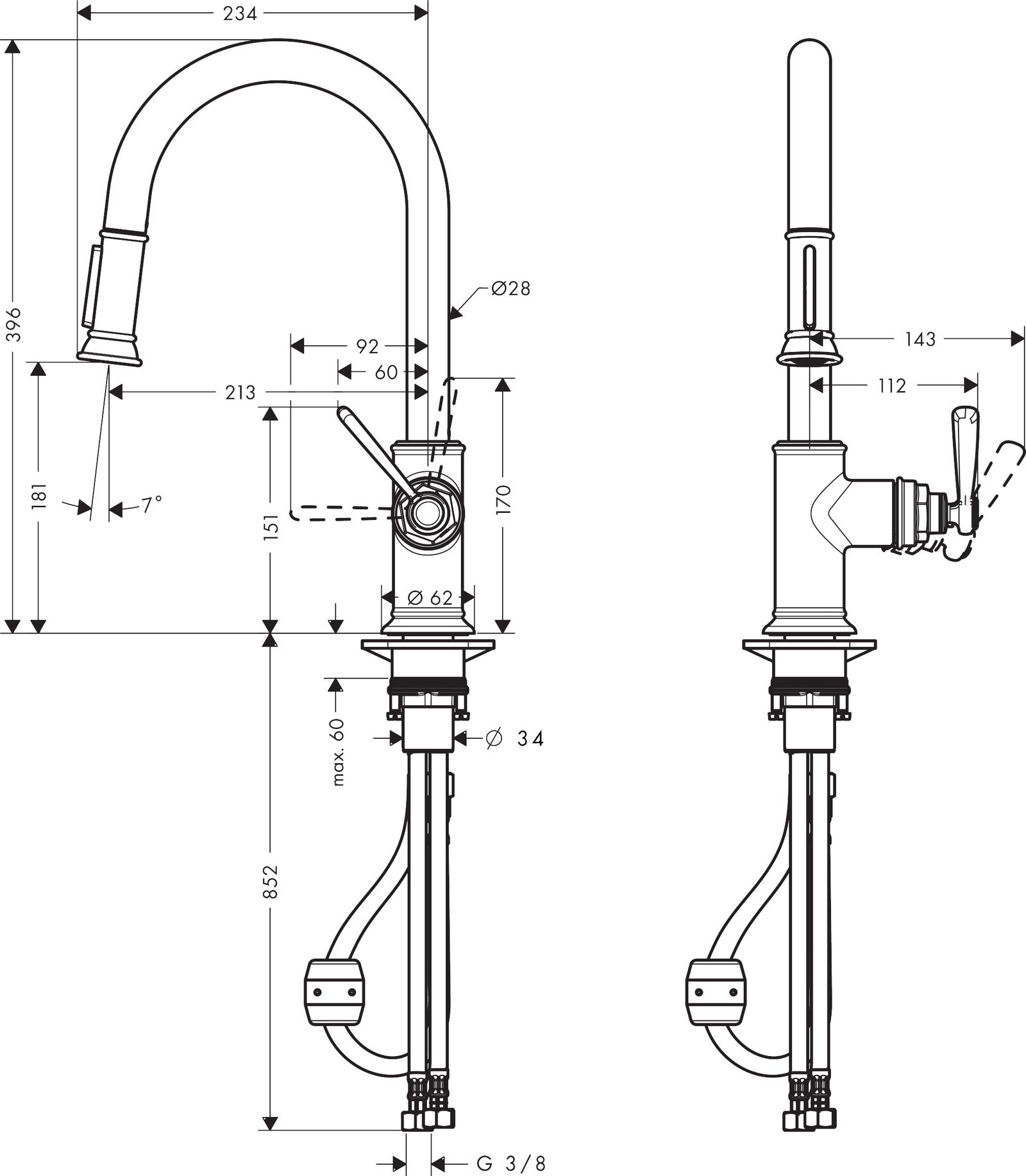 hansgrohe Spültisch-Einhebelmischer 180 Axor Montreux mit Ausziehbrause, brushed bronze