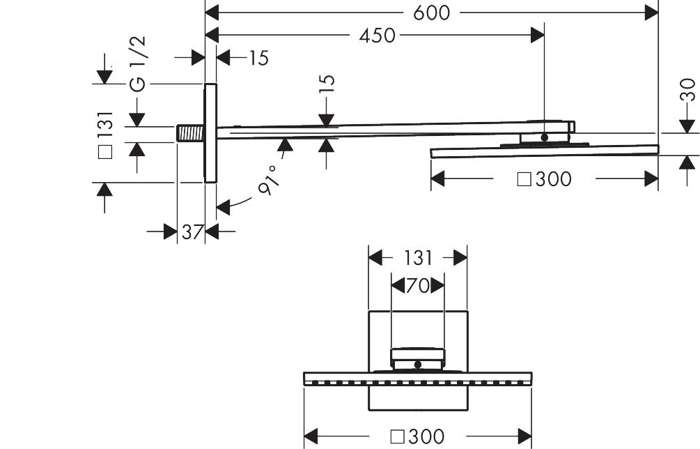 hansgrohe Kopfbrause Axor mit Brausearm, 300x300mm, 1jet, brushed gold optic