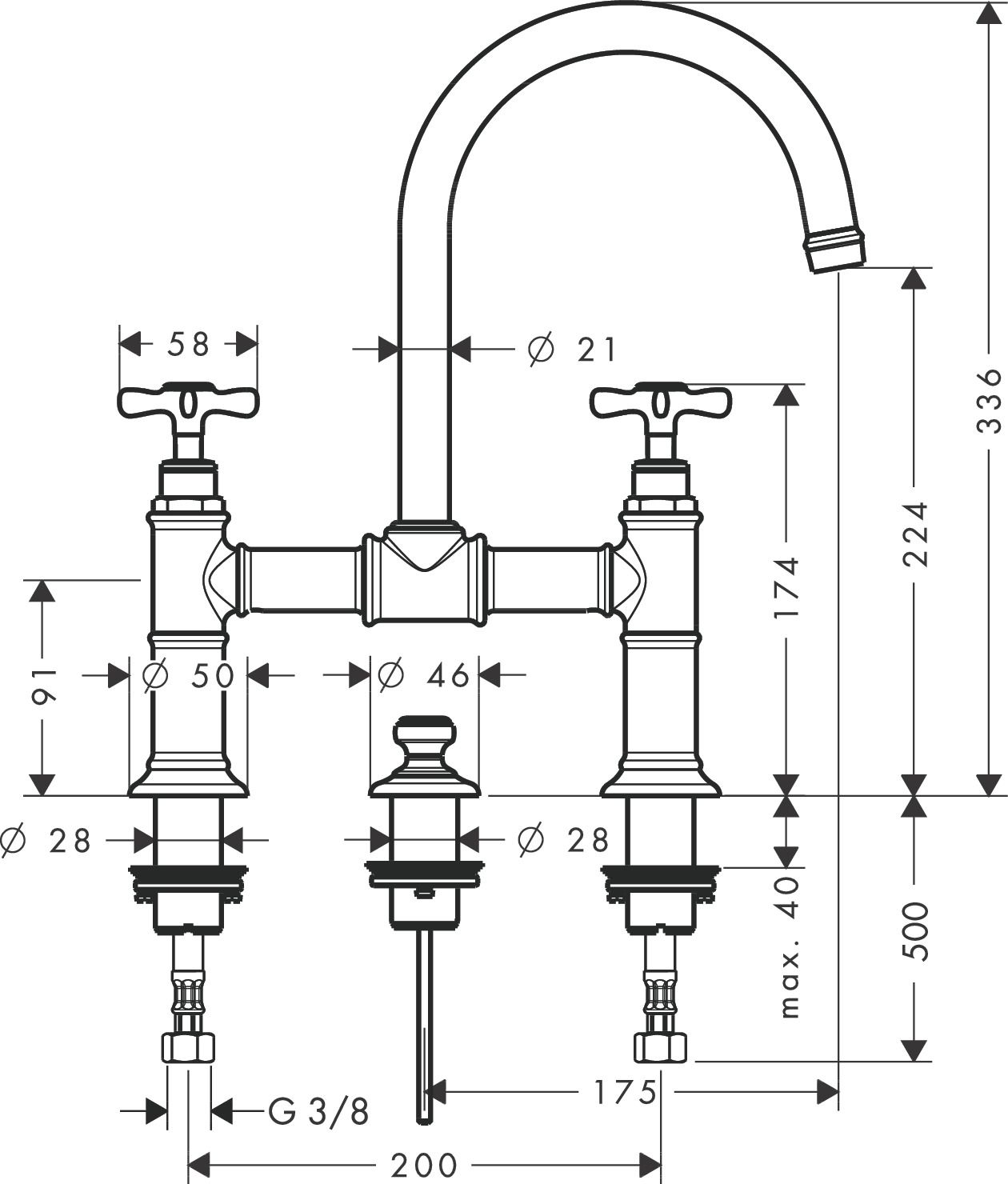 hansgrohe 2-Griff-Waschtisch-Brücken-Armatur 220 Axor Montreux Ausladung 175mm, mit Kreuzgriffe, Zugstangen-Ablaufgarnitur, polished red gold