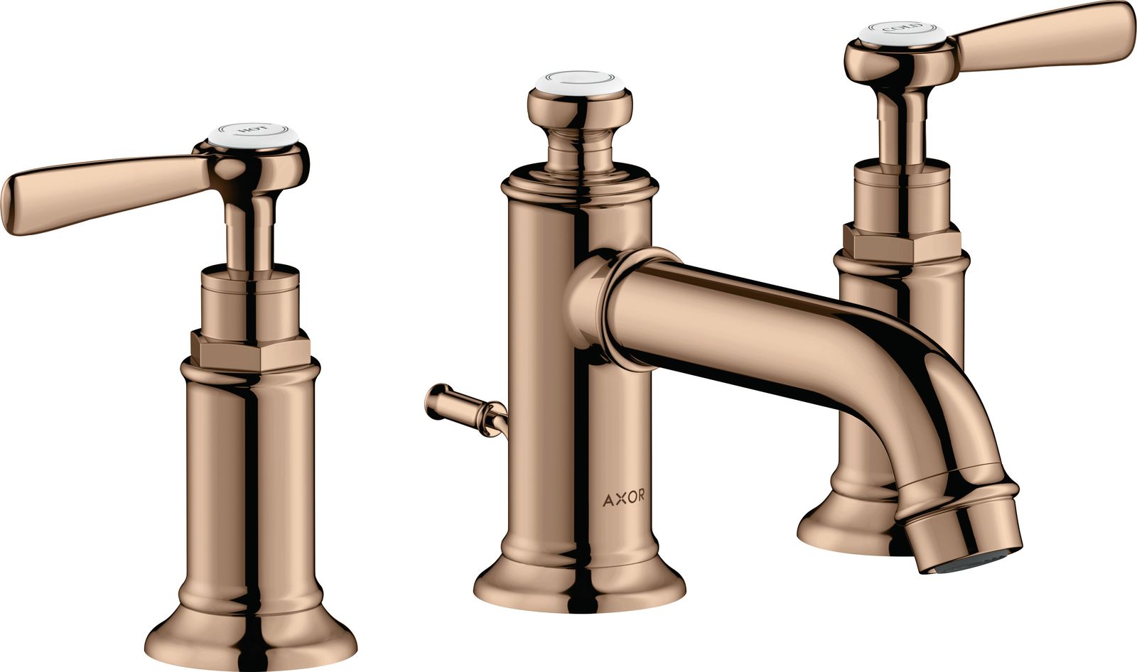 hansgrohe 3-Loch-Waschtischarmatur 30 Axor Montreux Ausladung 143mm, mit Hebelgriffe, Zugstangen-Ablaufgarnitur, polished red gold