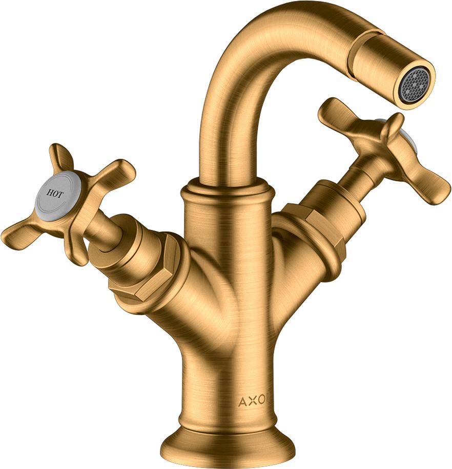 hansgrohe 2-Griff-Bidet-Armatur Axor Montreux Ausladung 104mm, mit Kreuzgriffe, Zugstangen-Ablaufgarnitur, brushed gold optic