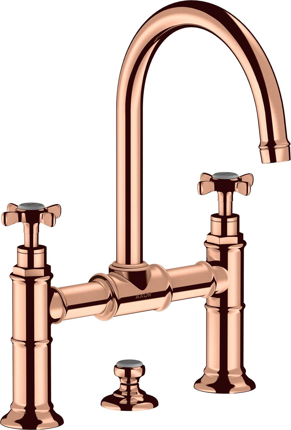 hansgrohe 2-Griff-Waschtisch-Brücken-Armatur 220 Axor Montreux Ausladung 175mm, mit Kreuzgriffe, Zugstangen-Ablaufgarnitur, polished red gold