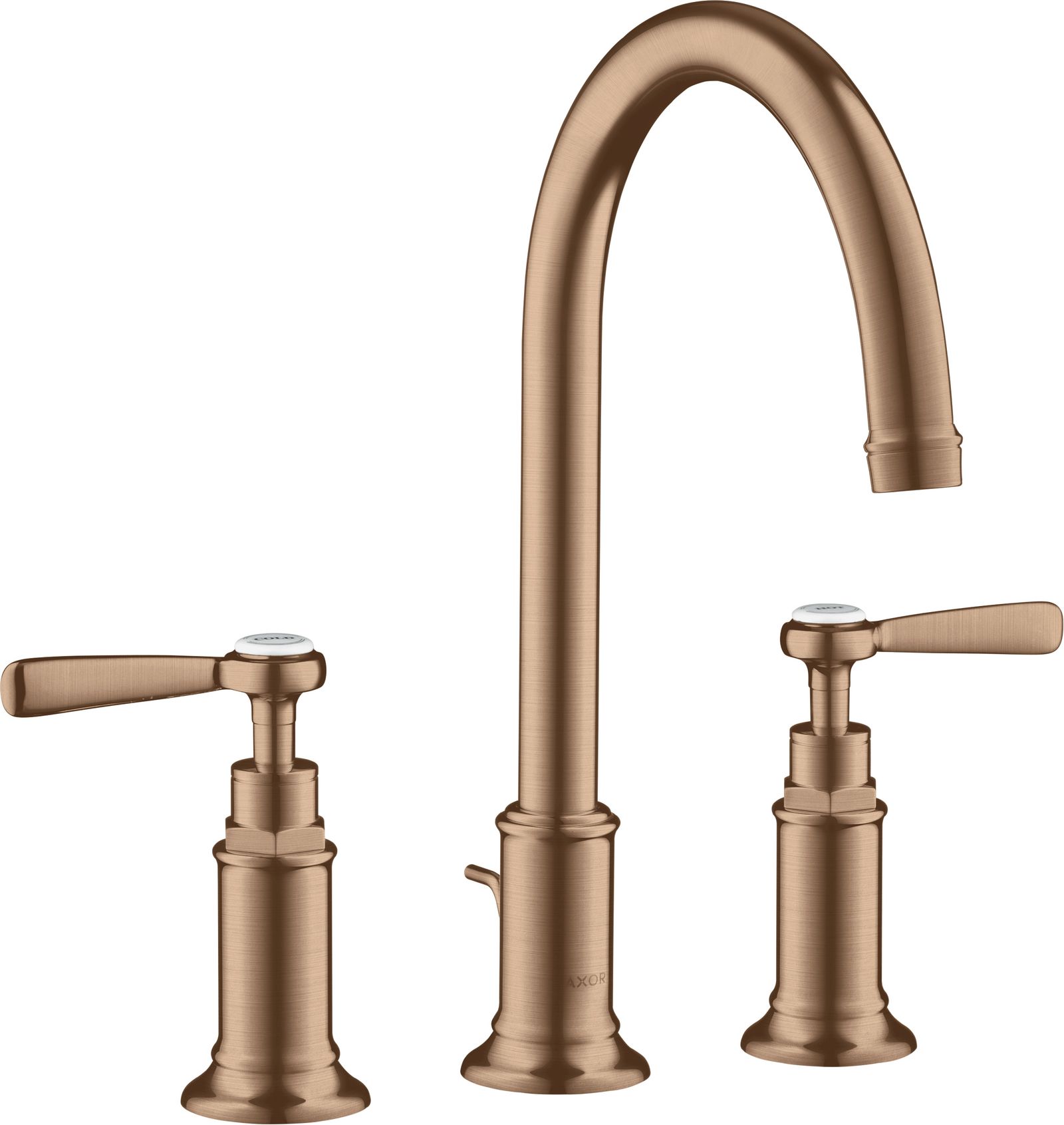 hansgrohe 3-Loch-Waschtischarmatur 180 Axor Montreux Ausladung 175mm, mit Hebelgriffe, Zugstangen-Ablaufgarnitur, brushed red gold
