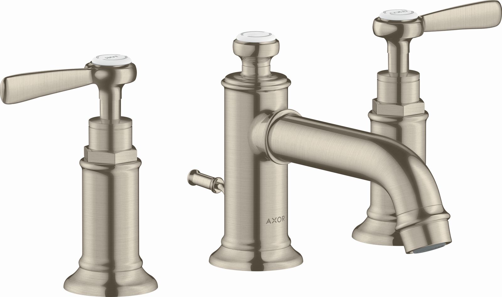 hansgrohe 3-Loch-Waschtischarmatur 30 Axor Montreux Ausladung 143mm, mit Hebelgriffe, Zugstangen-Ablaufgarnitur, brushed nickel