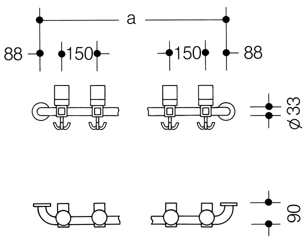 HEWI Garderobenstange gerade, d= 33mm, 3-fach Haken, senfgelb