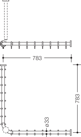 HEWI Vorhangstange 801 800 x 800 mm, 16 Vorhangringe, tiefschwarz, winklig