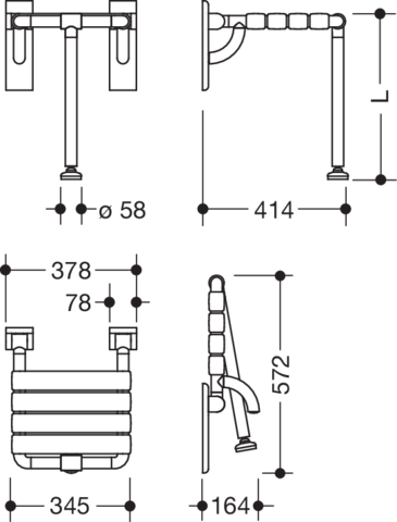HEWI Klappsitz 801 345 x 408 mm, felsgrau, mit Bodenstütze, breitem Puffer