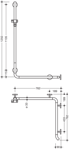HEWI Duschhandlauf System 800 K 1250 mm, Brausehalter, Stützen und Rosetten reinweiß, anthrazitgrau