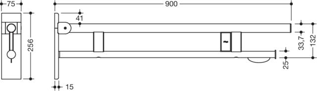 HEWI Stützklappgriff System 900 Ausladung 900 mm, Edelstahl matt geschliffen, links, WC-Papierhalter/Funk-Spülauslösung
