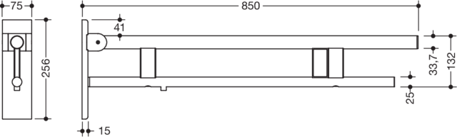 HEWI Stützklappgriff System 900 Ausladung 850 mm, Edelstahl matt geschliffen, rechts, E-Spülauslösung