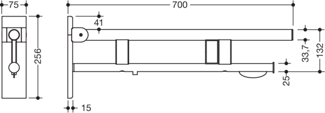 HEWI Stützklappgriff System 900 Ausladung 700 mm, Edelstahl matt geschliffen, rechts