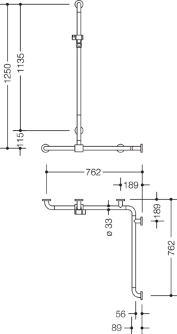 HEWI Duschhandlauf 801 762/762 x 1250 mm, reinweiß, mit Brausehalterstange
