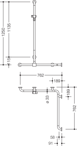 HEWI Duschhandlauf 801 2 x 762 x 1250 mm, anthrazitgrau, mit Brausehalterstange, Aluminiumkern