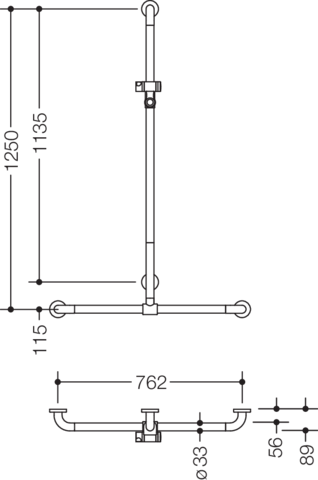 HEWI Duschhandlauf 801 762 x 1250 mm, reinweiß, mit verschiebbarer Brausehalterstange