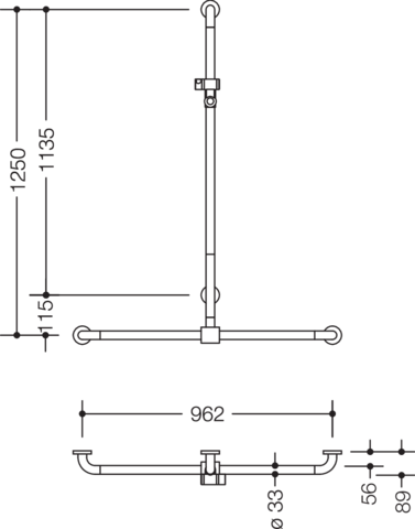 HEWI Duschhandlauf 801 962 x 1250 mm, stahlblau, mit verschiebbarer Brausehalterstange