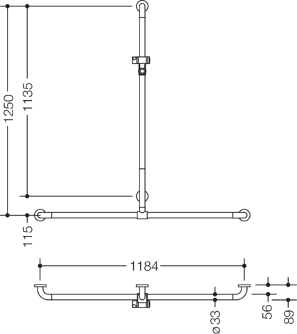 HEWI Duschhandlauf 801 1184 x 1250 mm, lichtgrau, mit verschiebbarer Brausehalterstange