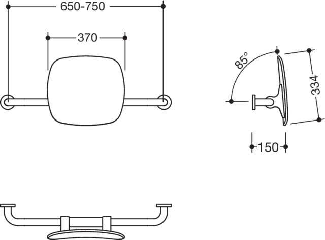 HEWI Rückenstütze 801 Wandabstand 150mm, Lehne tiefschwarz, tiefschwarz