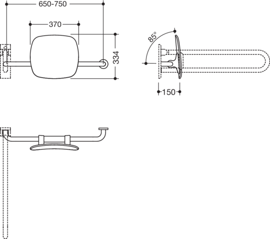 HEWI Rückenstütze 801 Wandabstand 150mm, Ausführung rechts, matt, Lehne tiefschwarz, reinweiß