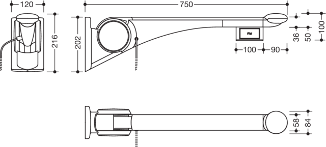 HEWI Stützklappgriff 802 LifeSystem Premium 750 mm, anthrazit hochglanz/weiß matt, Spülauslösung links