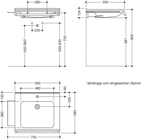 HEWI Mineralguss-Waschtisch-Set 65x58cm, mit Haltegriff, Ablage, weiß, dunkelgrau perlglimmer tiefmatt