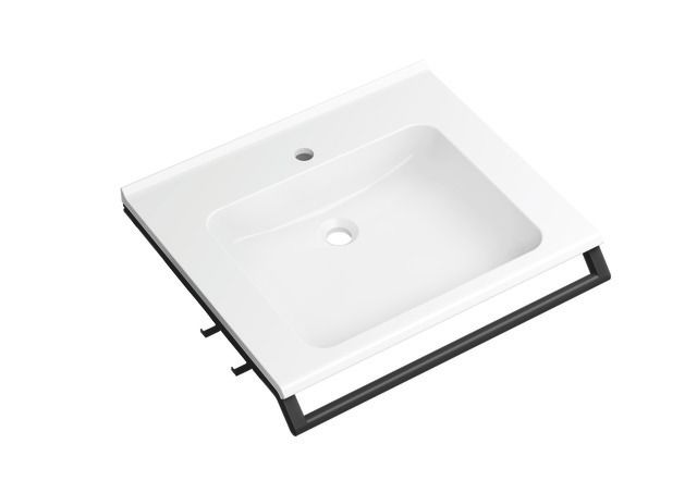 HEWI Mineralguss-Waschtisch 65x58cm, mit Haltegriff 65cm, 2 Haken, weiß, schwarz tiefmatt