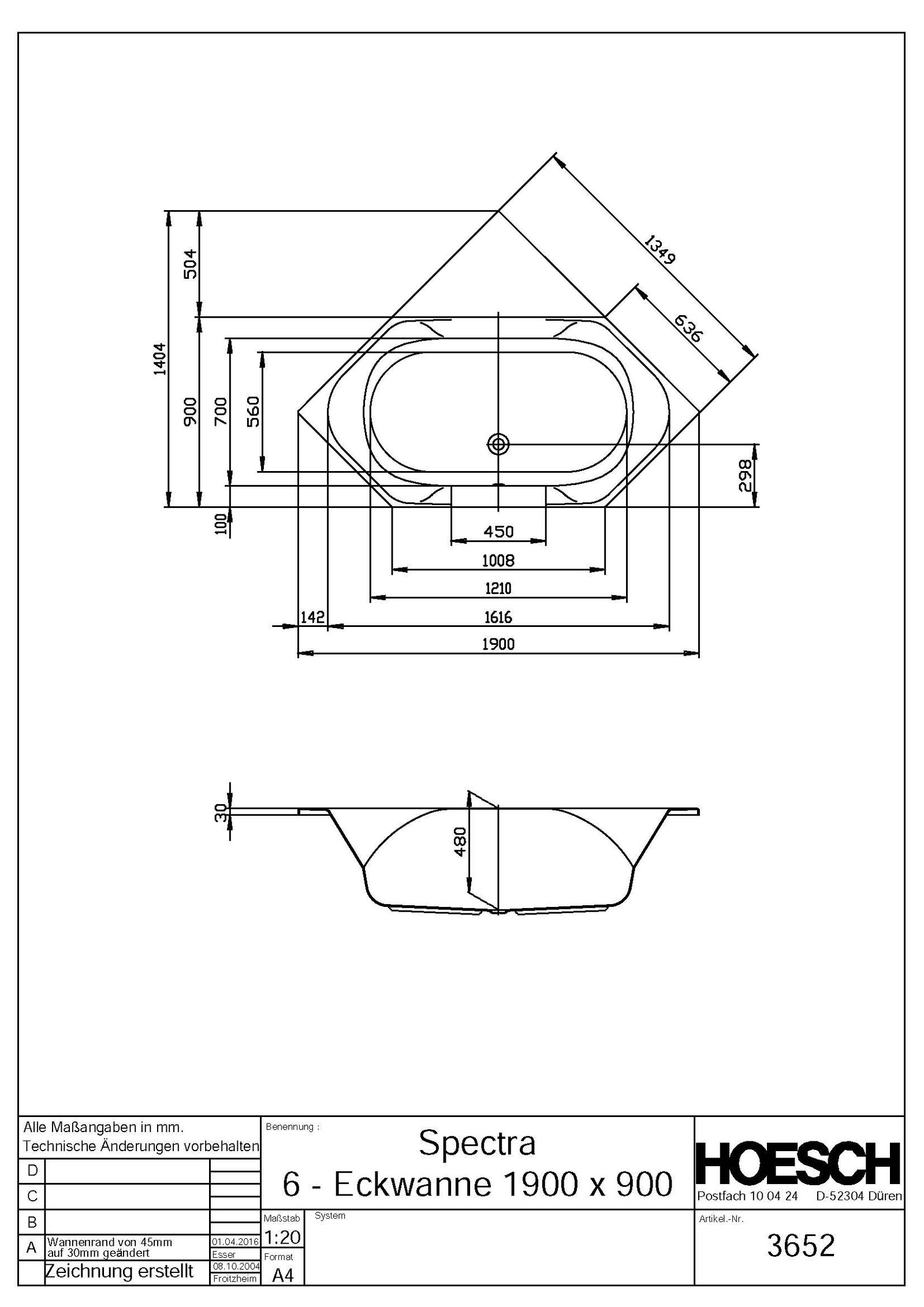 Hoesch 6-Eck-Badewanne Spectra weiß, 190 x 90 cm, 220 l