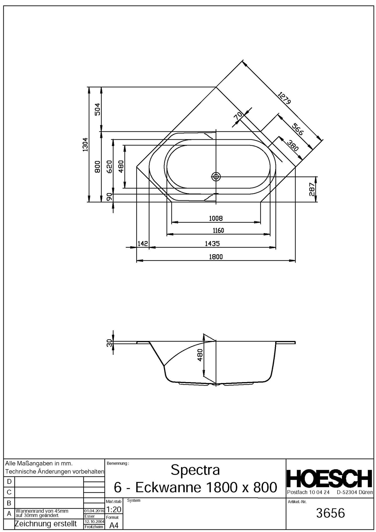 Hoesch 6-Eck-Badewanne Spectra weiß, 180 x 80 cm, 157 l