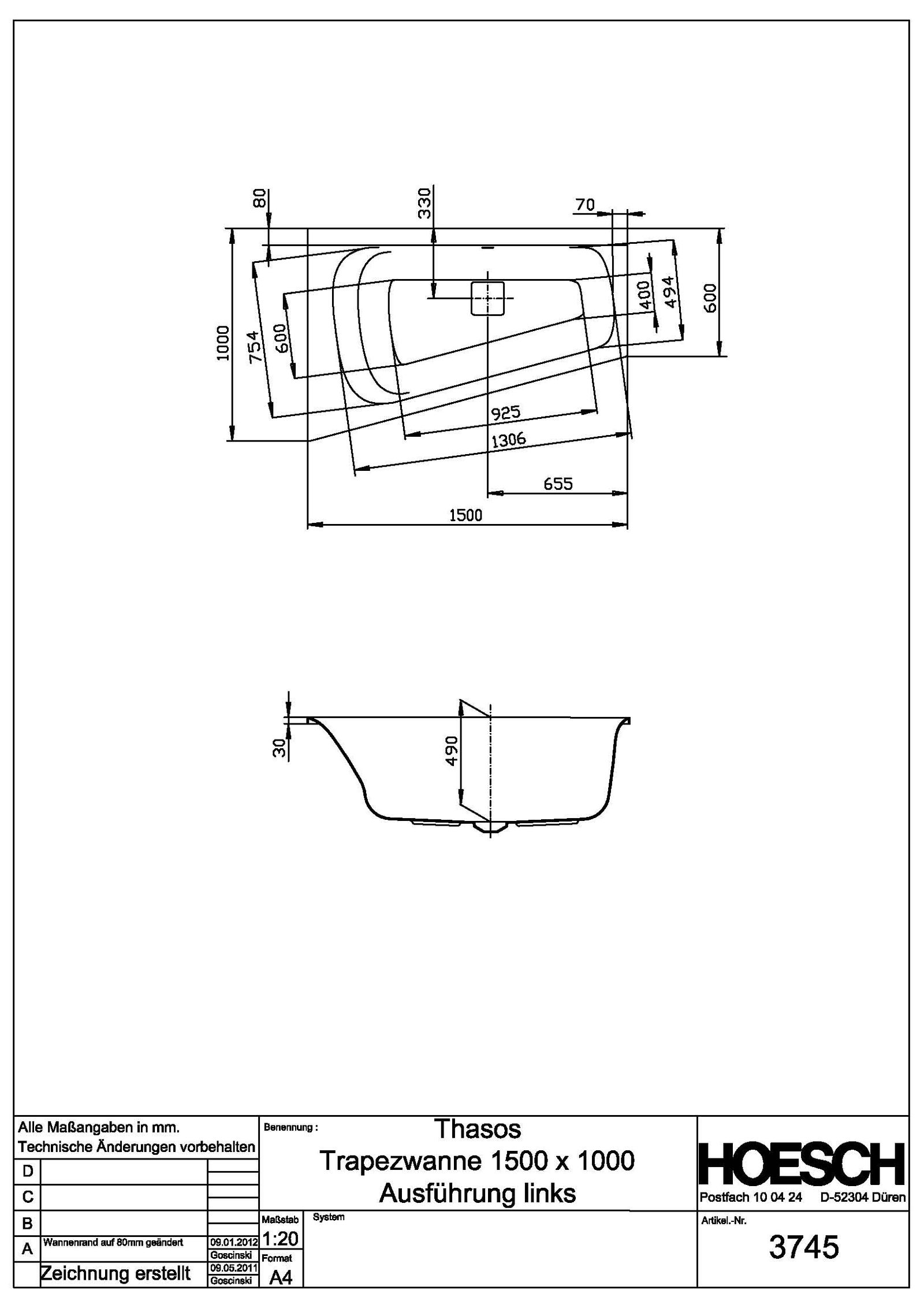 Hoesch Badewanne Thasos Trapez weiß, 150 x 100 cm, 200 l, linke Ausführung