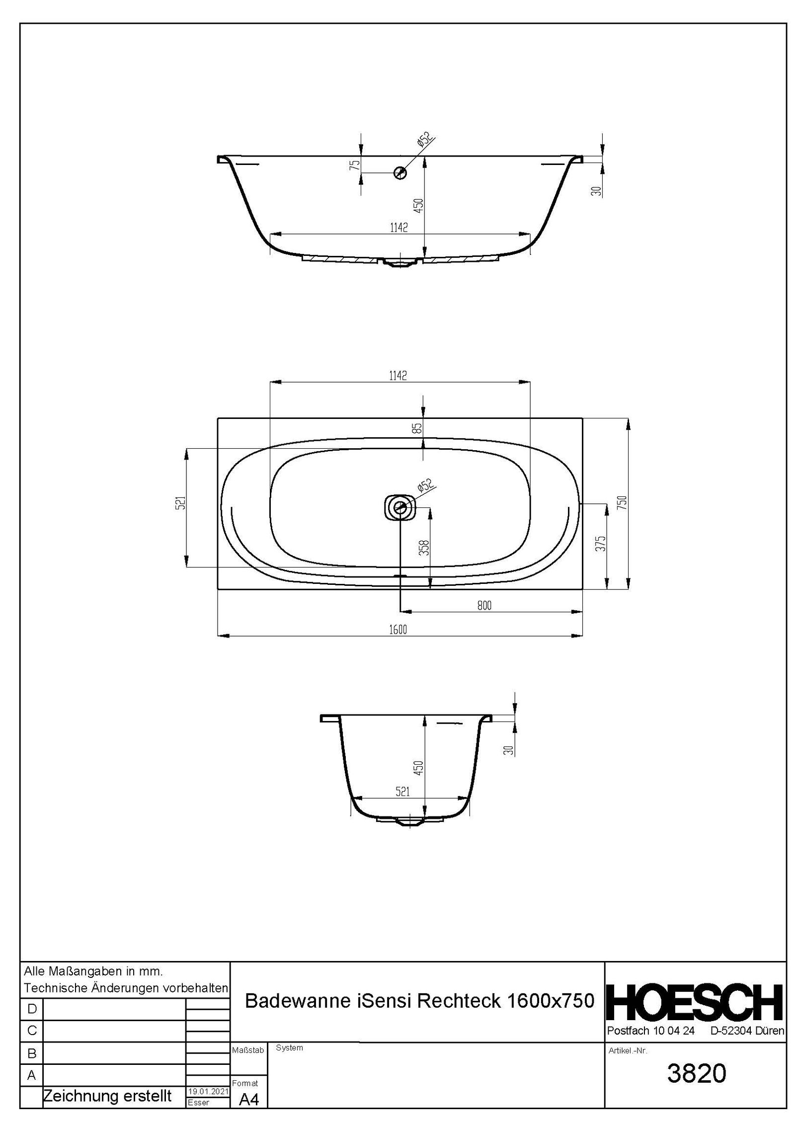 Hoesch Badewanne iSENSI Rechteck, 160 x 75 cm, 138 l