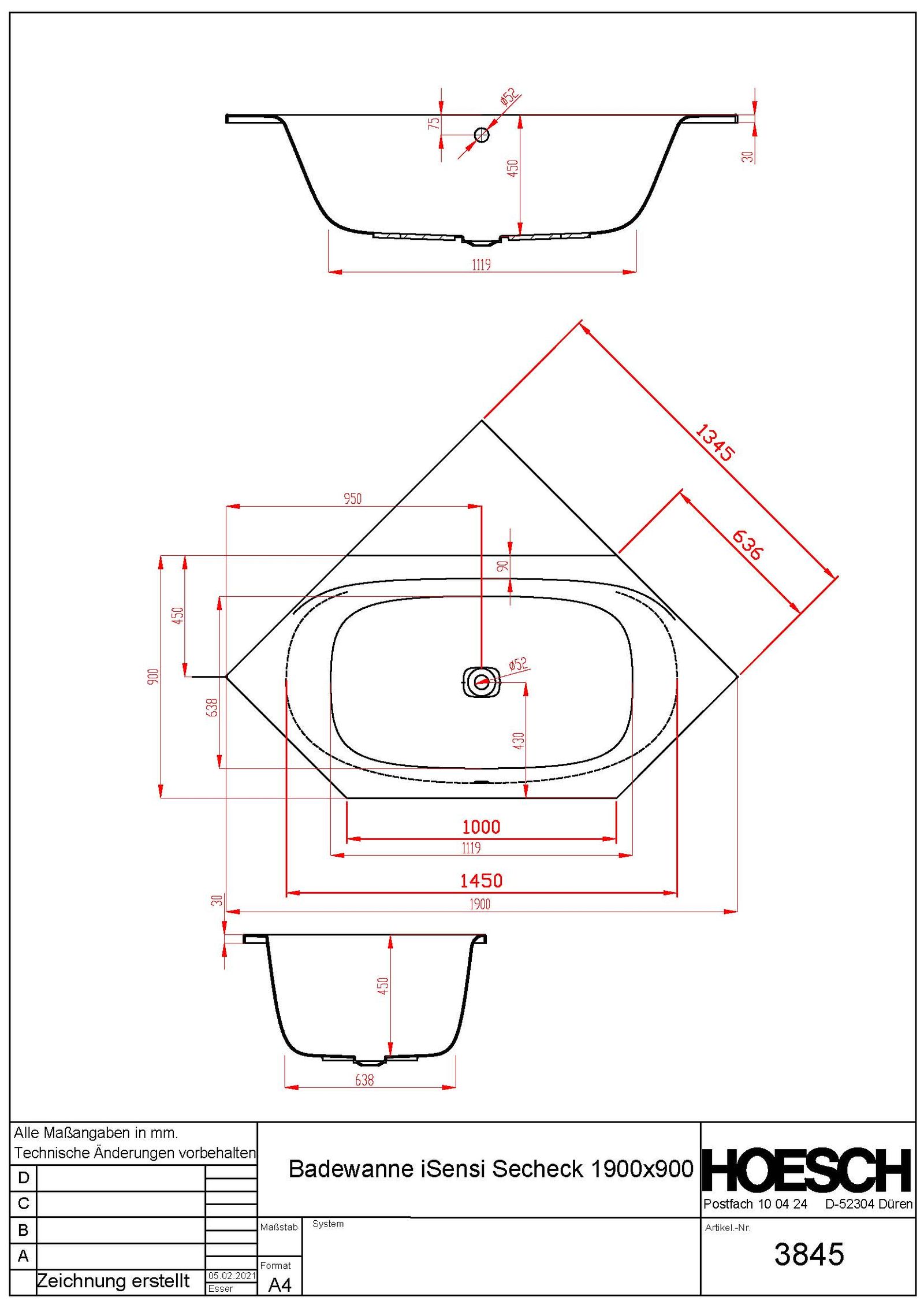 Hoesch 6-Eck-Badewanne iSENSI 190x90cm, weiß