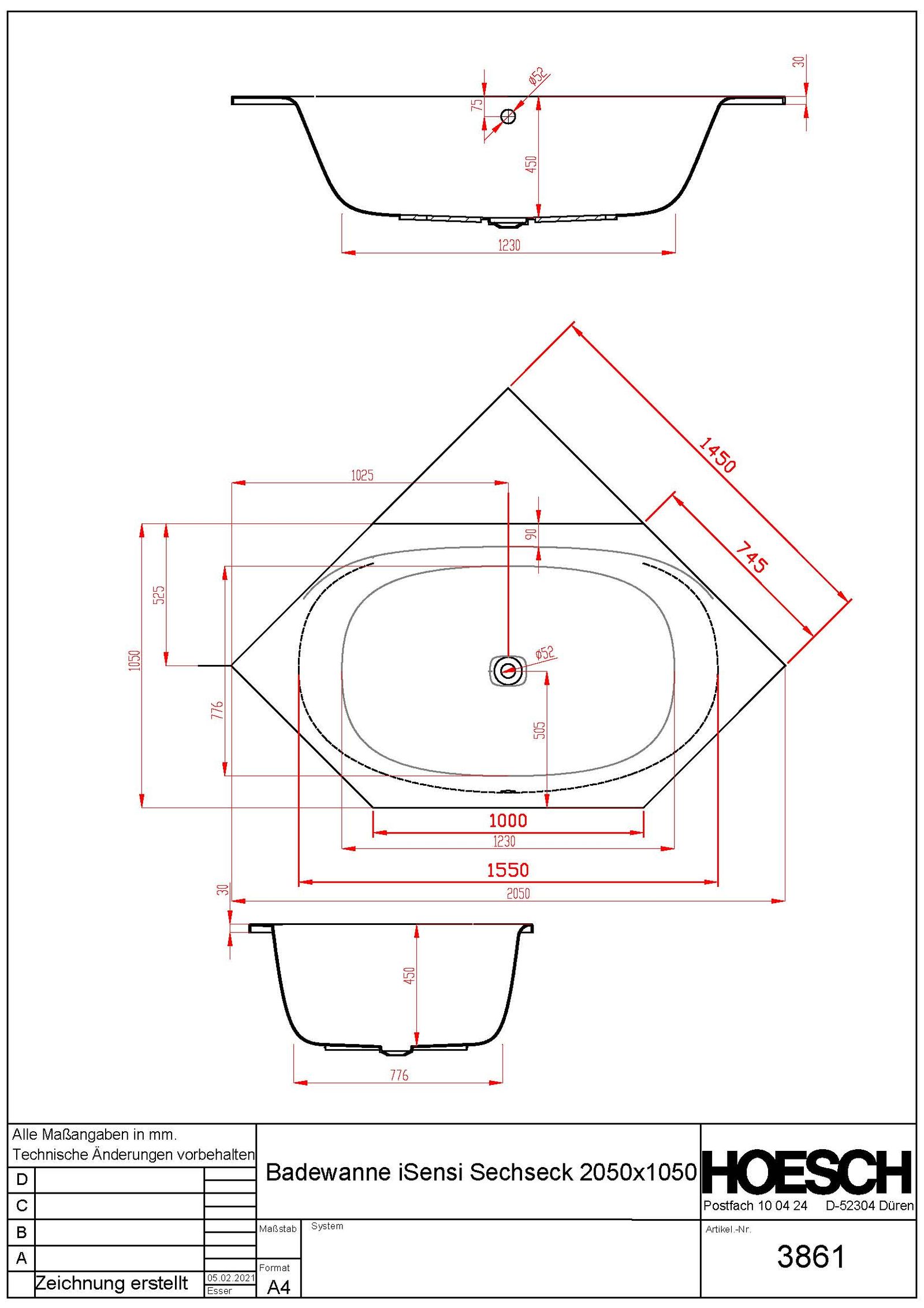 Hoesch 6-Eck-Badewanne iSENSI 205x105cm, weiß