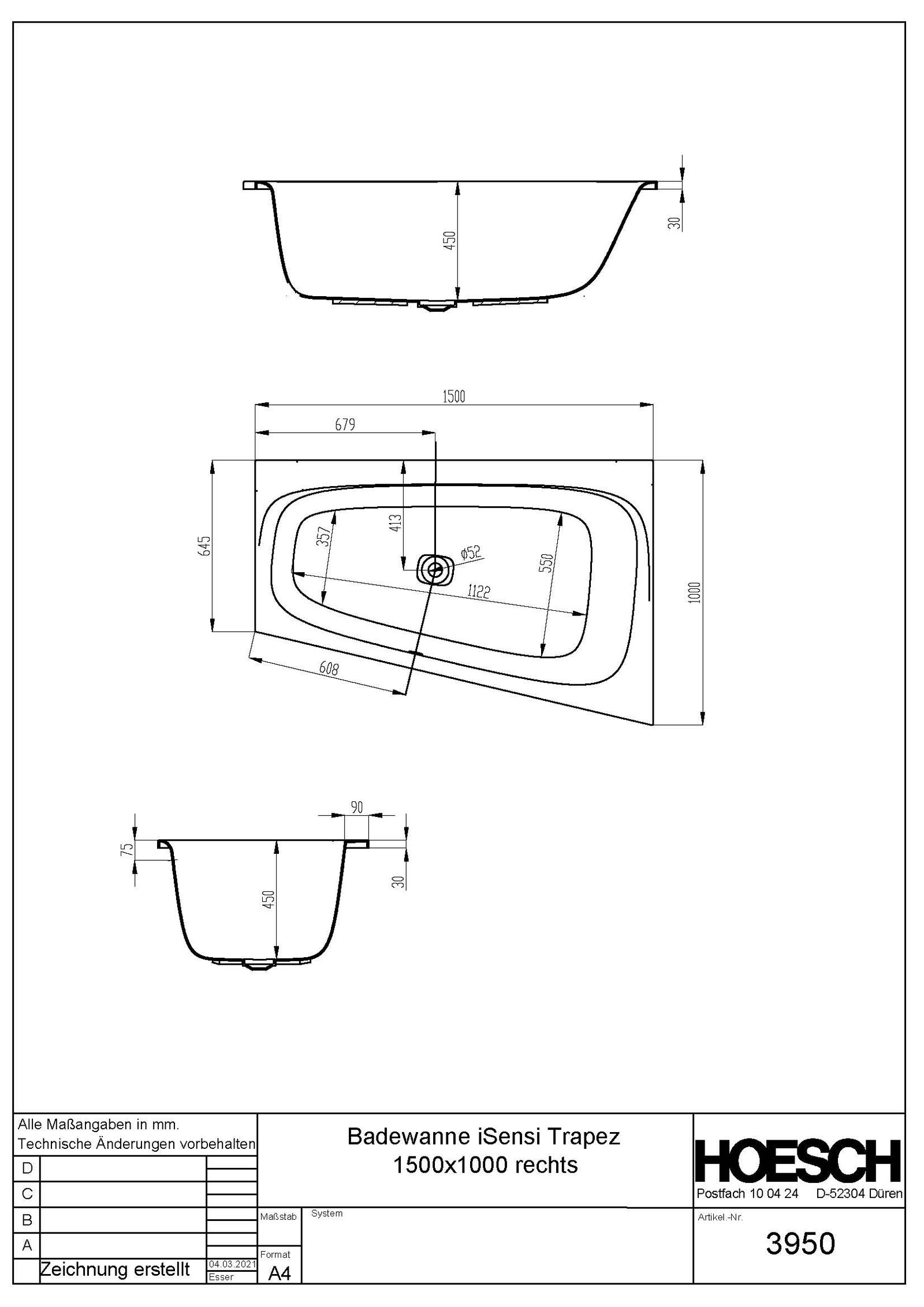 Hoesch Badewanne iSENSI Trapez 150x100cm, rechts, weiß