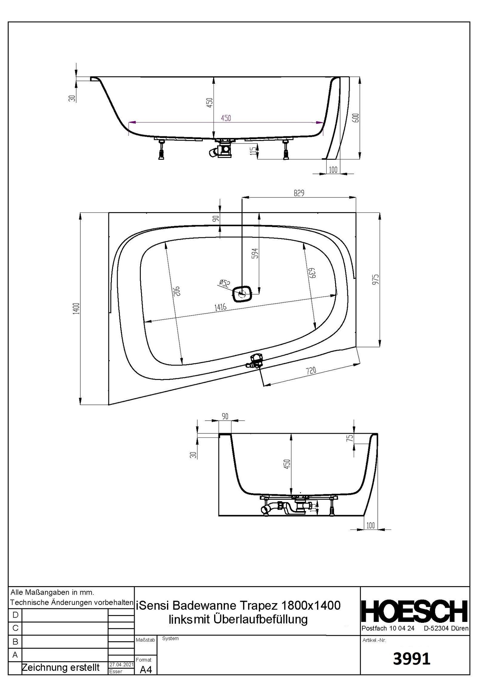 Hoesch Badewanne iSENSI Trapez 180x140cm, links, Über- und Ablauf, weiß, weiß