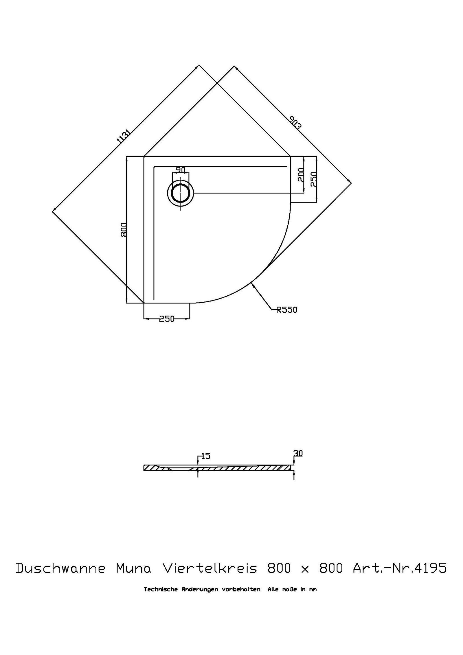 Hoesch Mineralguss-Viertelkreis-Duschwanne Muna 80 x 80 x 3 cm, Steingrau, Solique