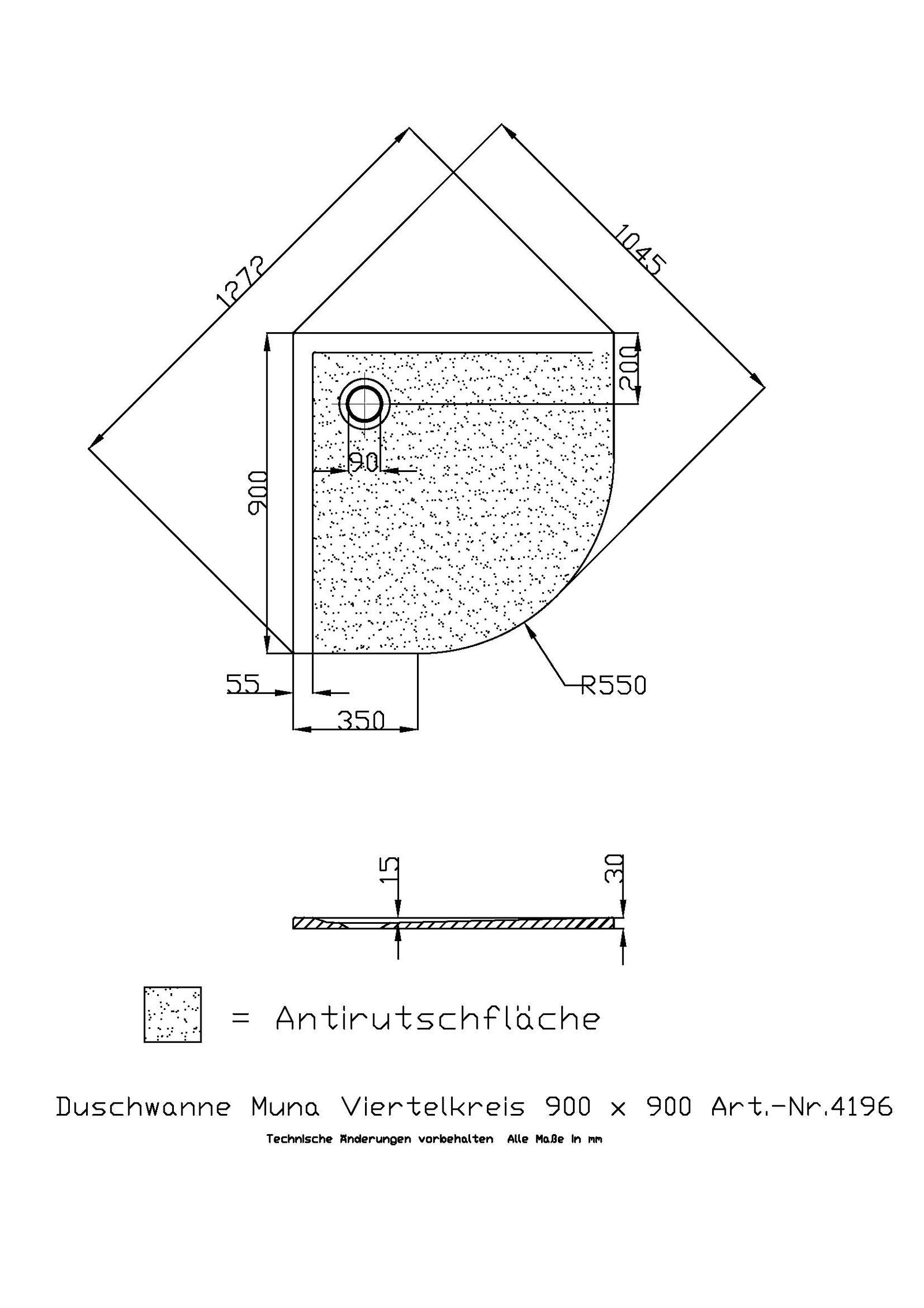 Hoesch Mineralguss-Viertelkreis-Duschwanne Muna 90 x 90 x 3 cm, weiß matt, Solique, Antirutsch