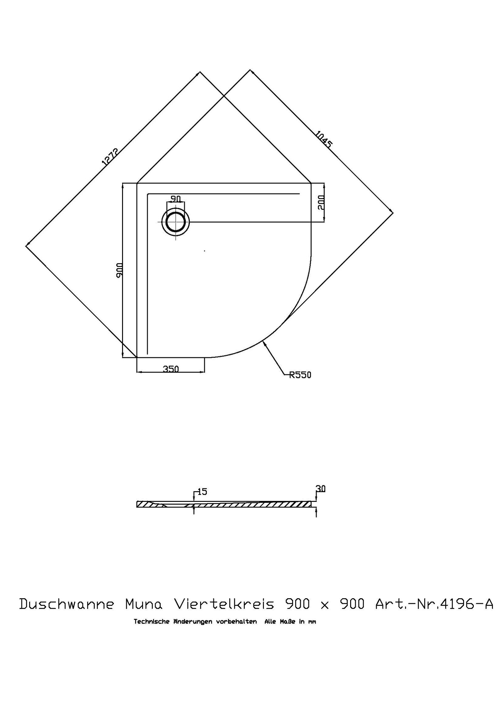 Hoesch Mineralguss-Viertelkreis-Duschwanne Muna 90 x 90 x 3 cm, Schiefergrau, Solique