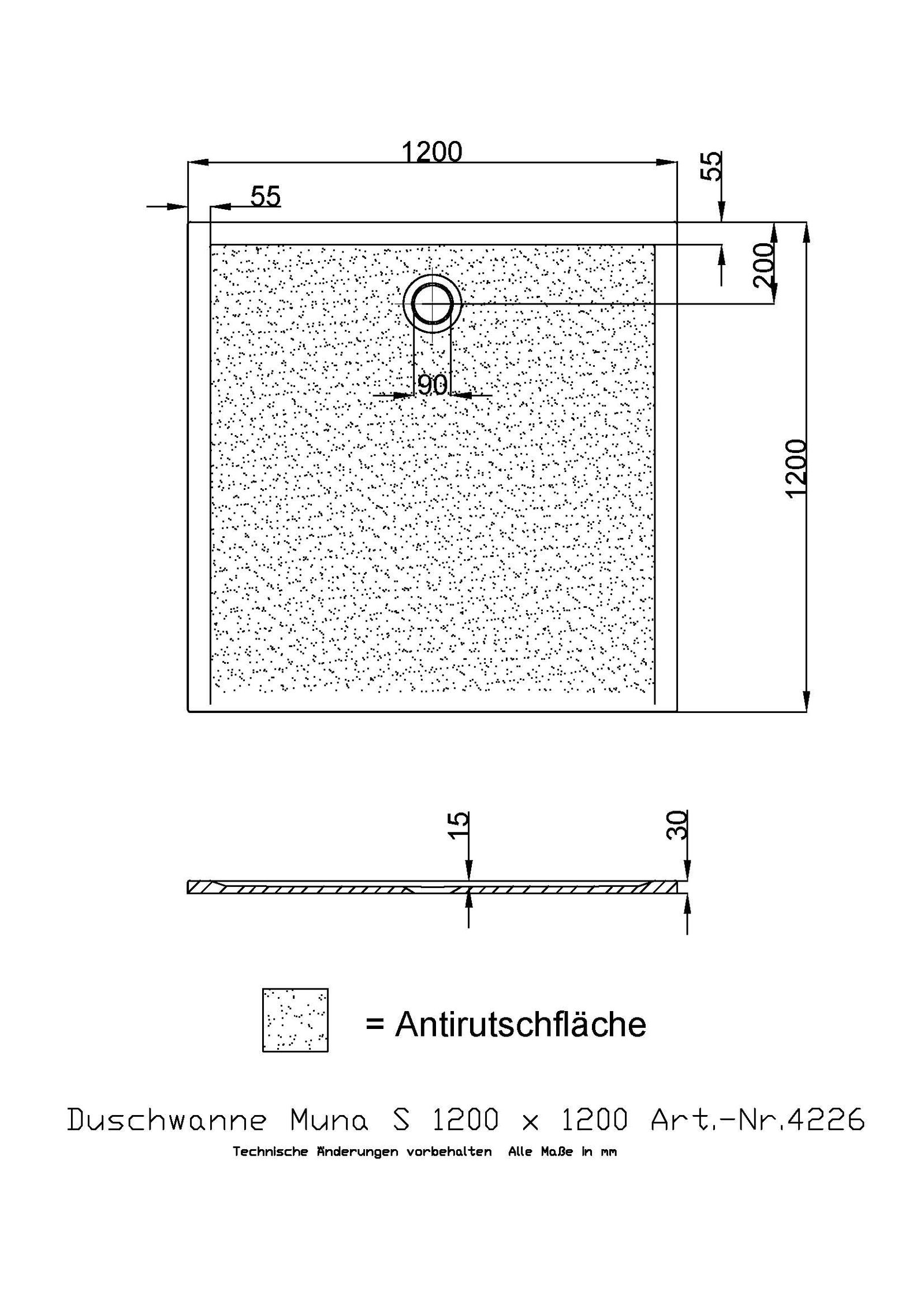 Hoesch Mineralguss-Duschwanne Muna 120 x 120 x 3 cm, weiß, Solique, Antirutsch