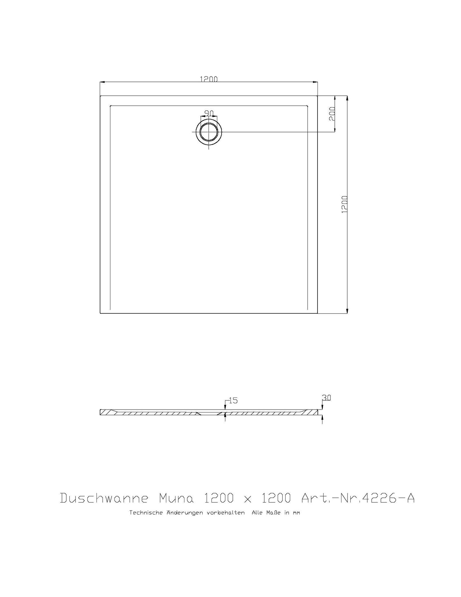 Hoesch Mineralguss-Duschwanne Muna S 120 x 120 x 3 cm, weiß, Solique, ohne Antirutsch
