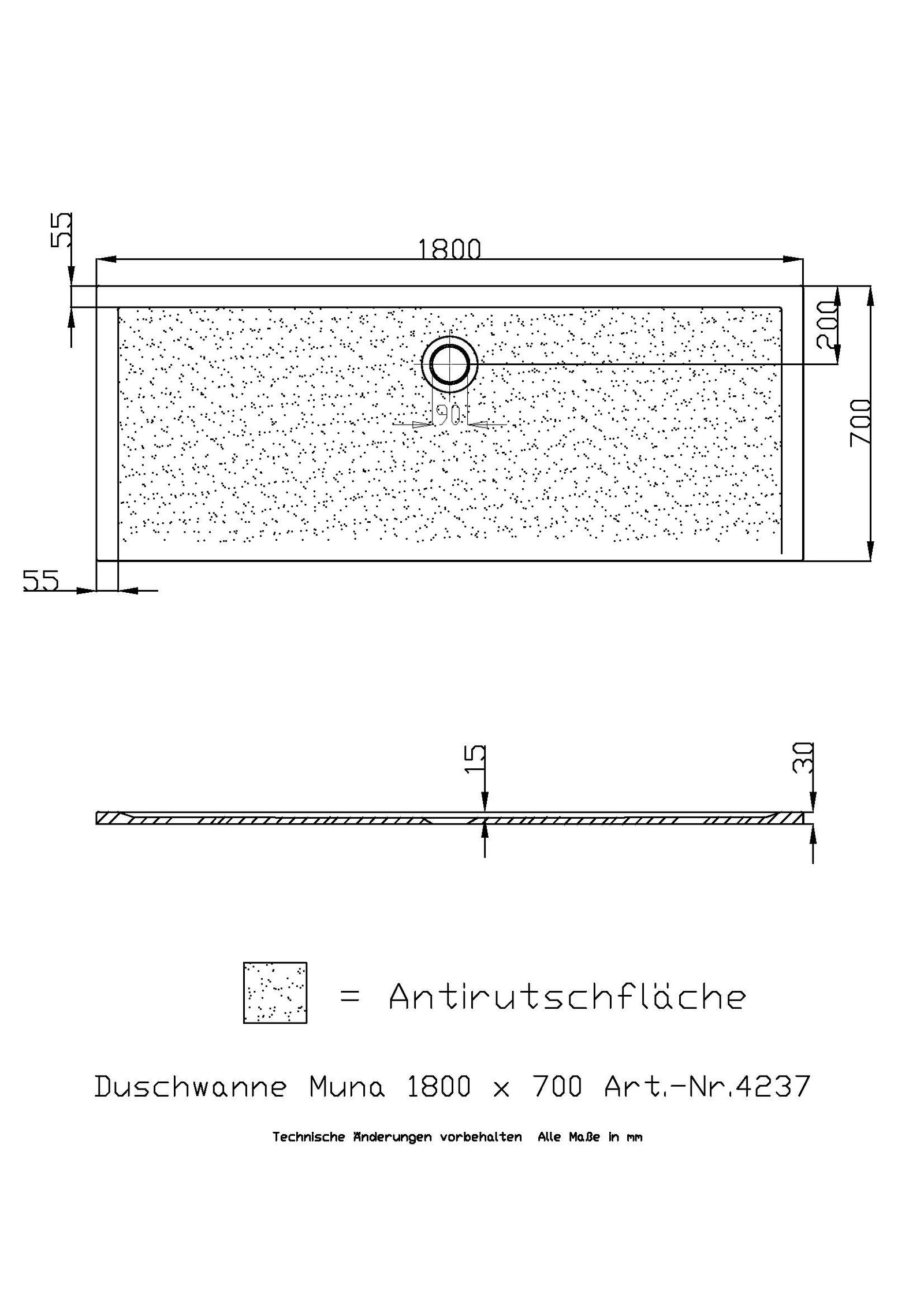 Hoesch Mineralguss-Duschwanne Muna 180 x 70 x 3 cm, Steingrau, Solique, Antirutsch
