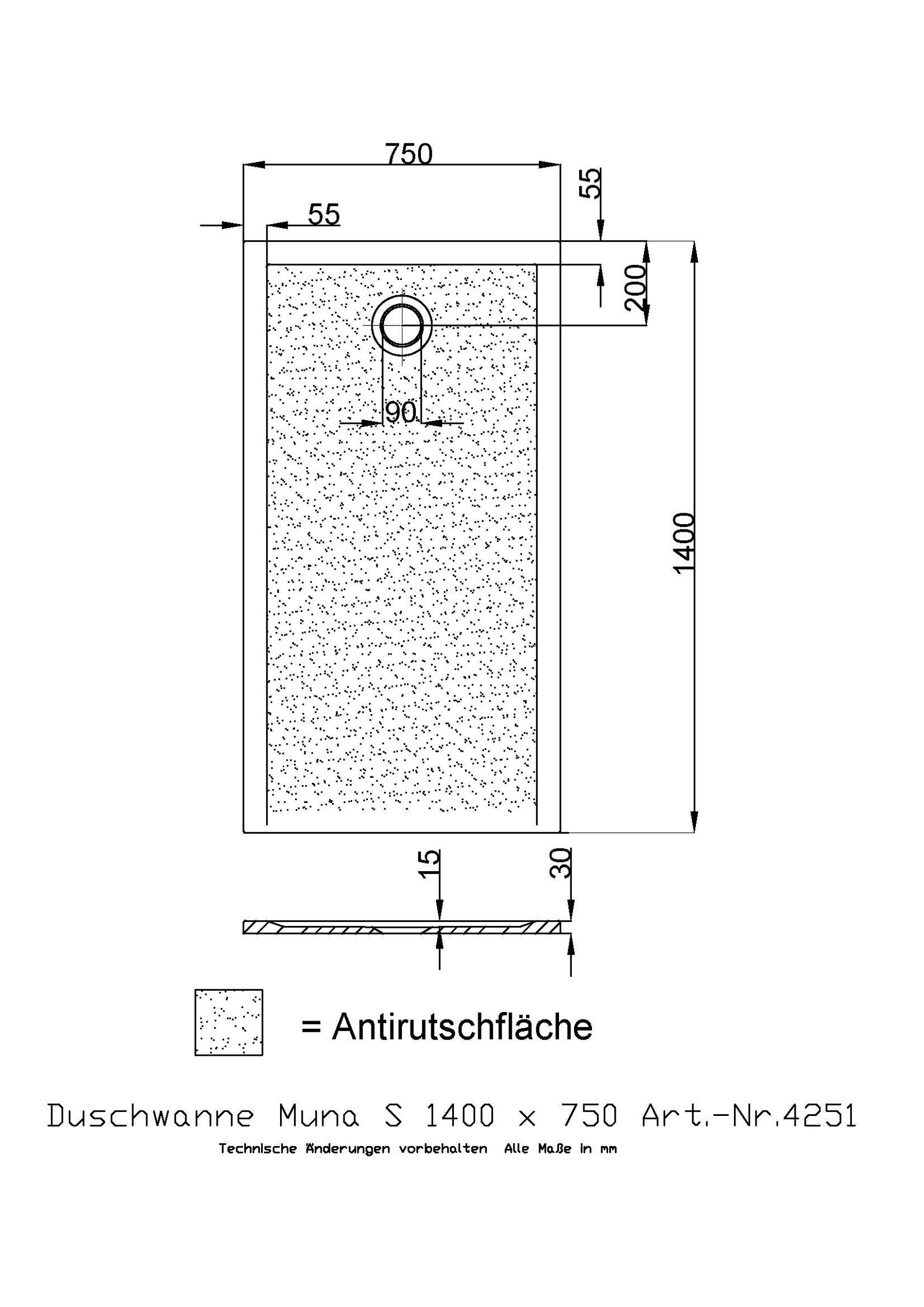 Hoesch Mineralguss-Duschwanne Muna S 140 x 75 x 3 cm, weiß, Antirutsch