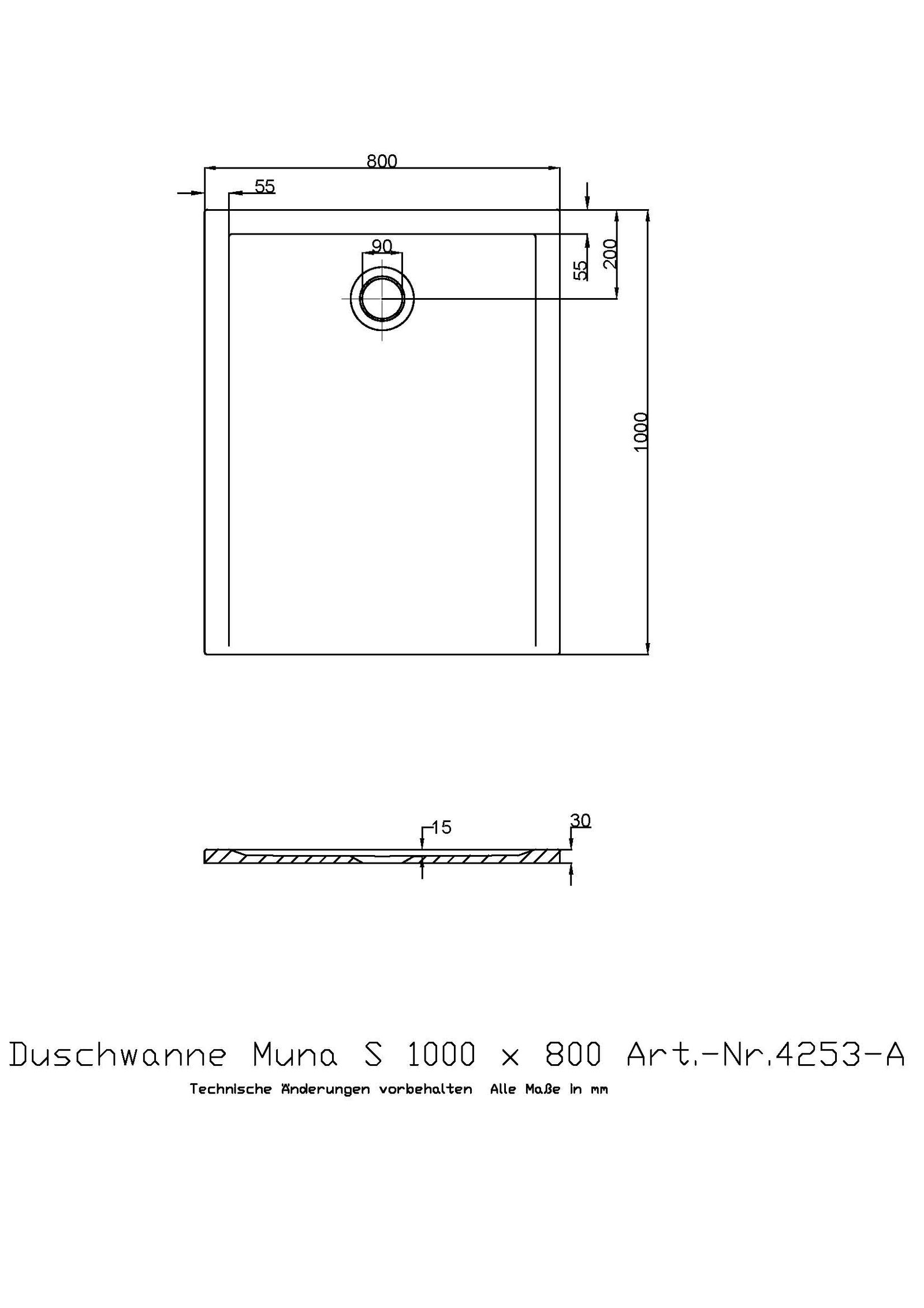 Hoesch Mineralguss-Duschwanne Muna S 100 x 80 x 3 cm, weiß, ohne Antirutsch