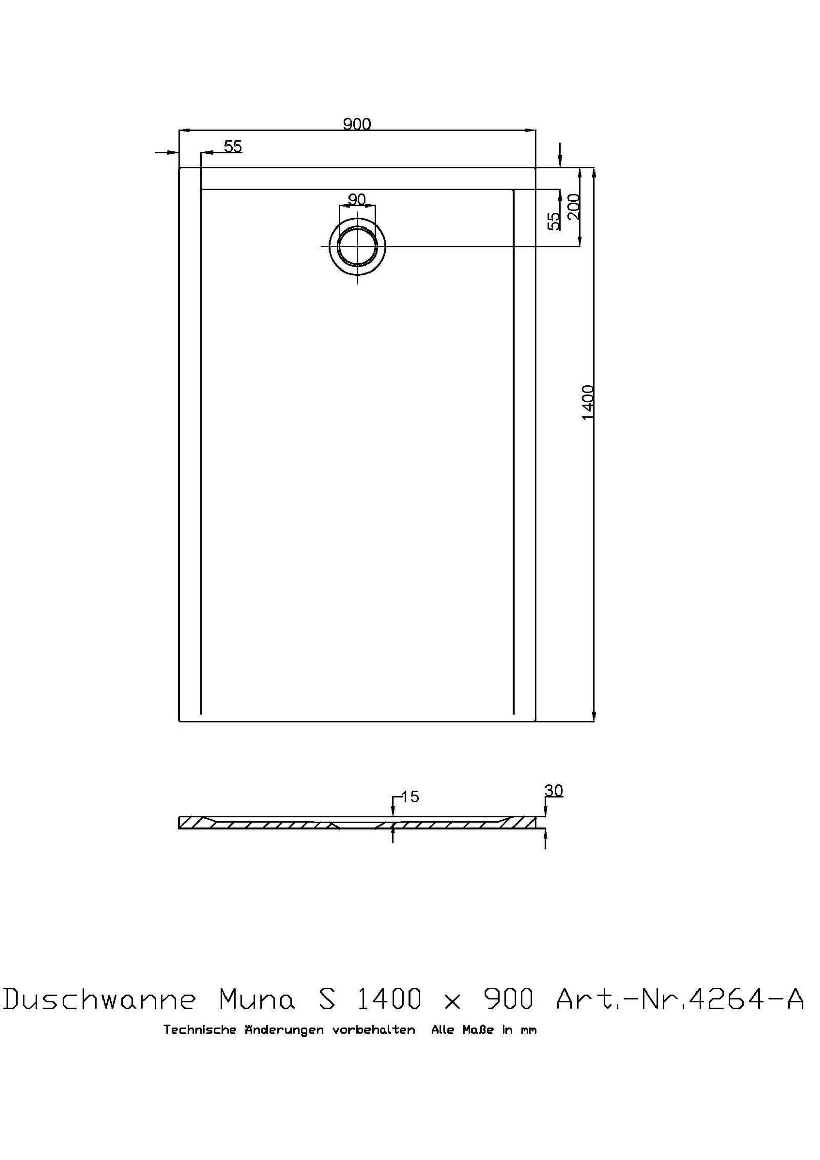 Hoesch Mineralguss-Duschwanne Muna S 140 x 90 x 3 cm, weiß, ohne Antirutsch