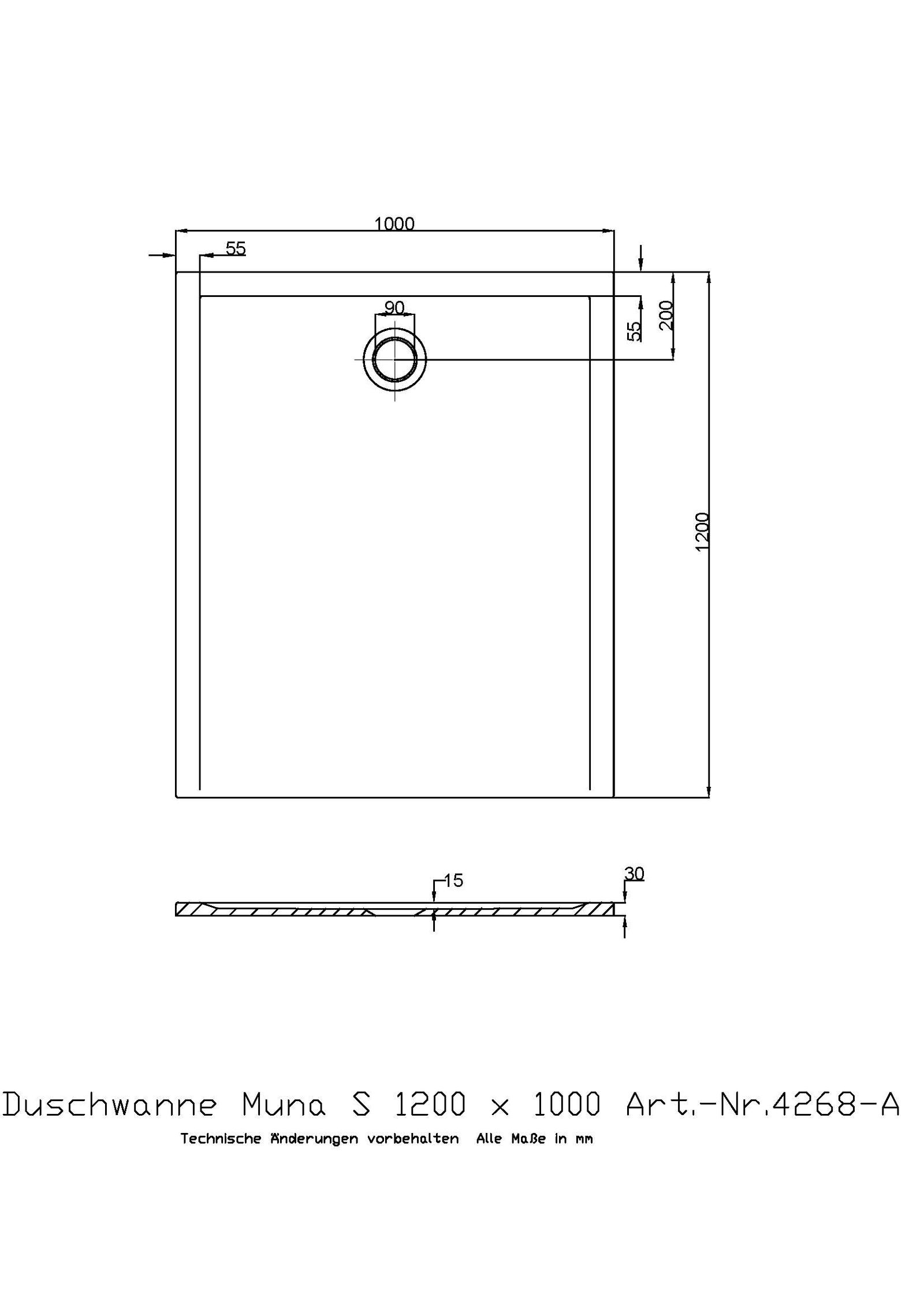 Hoesch Mineralguss-Duschwanne Muna S 120 x 100 x 3 cm, weiß, ohne Antirutsch
