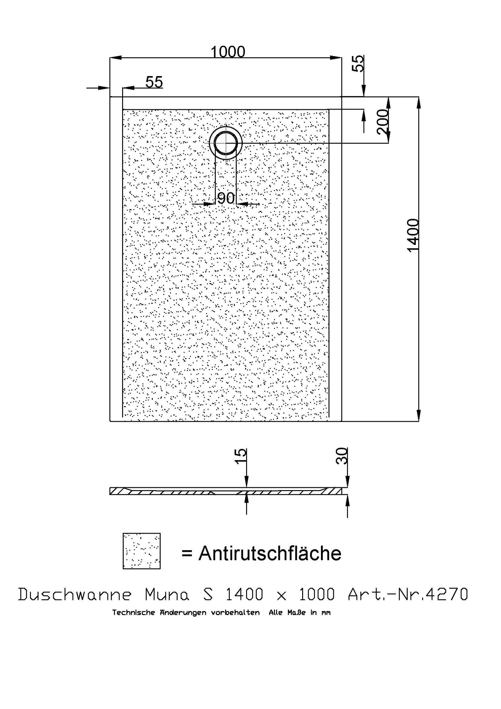 Hoesch Mineralguss-Duschwanne Muna S 140 x 100 x 3 cm, weiß, Antirutsch