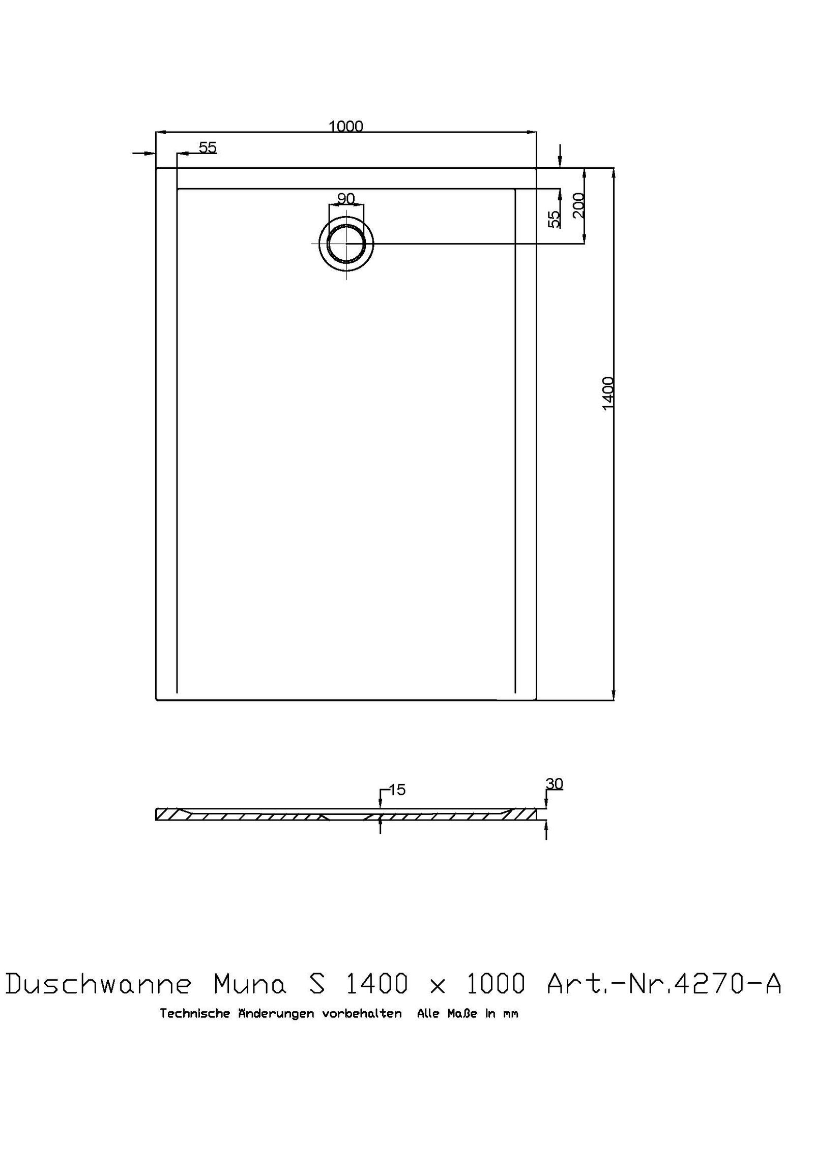 Hoesch Mineralguss-Duschwanne Muna S 140 x 100 x 3 cm, weiß, ohne Antirutsch